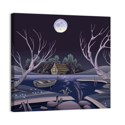 Cottage by Moonlit Pond Wall Art