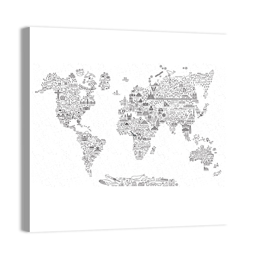 World Travel Line Icons Map Wall Art