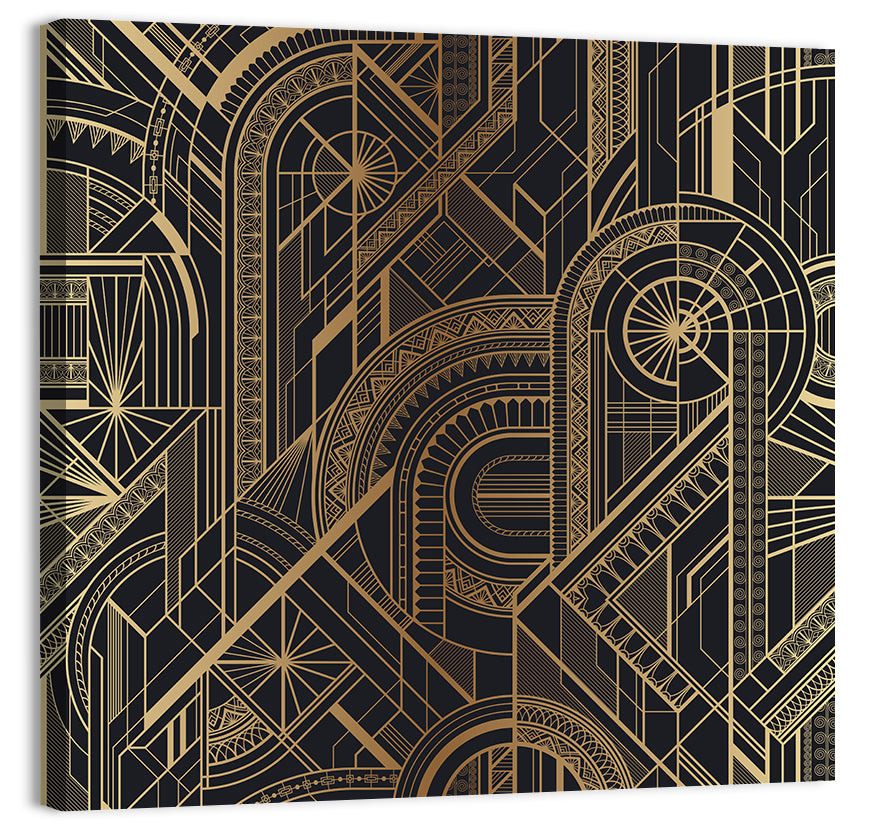 Black and Gold Circle Ornament Pattern Wall Art, canvas print, square