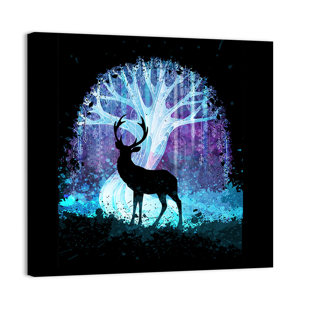 Deer Silhouette with Glowing Tree Wall Art, canvas print, square
