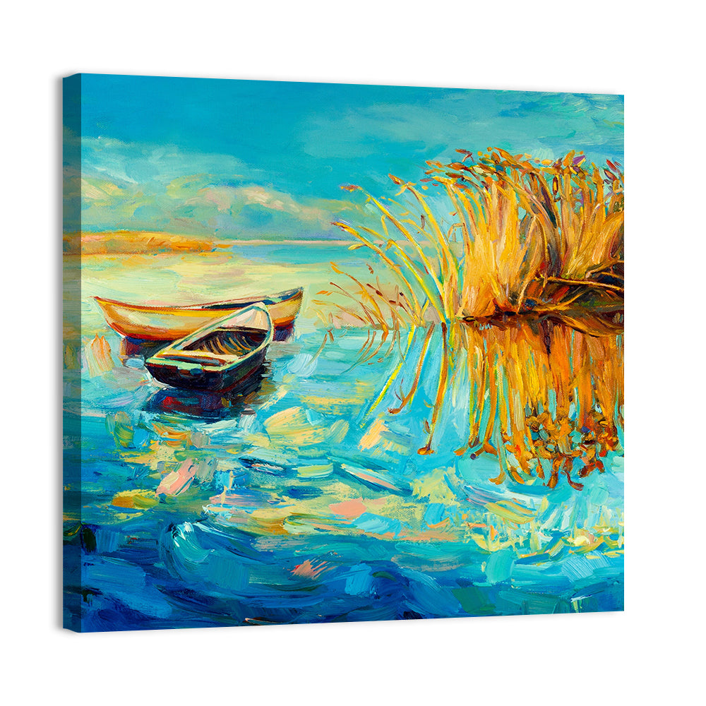 Rowboats and Reeds on Blue Lake Wall Art