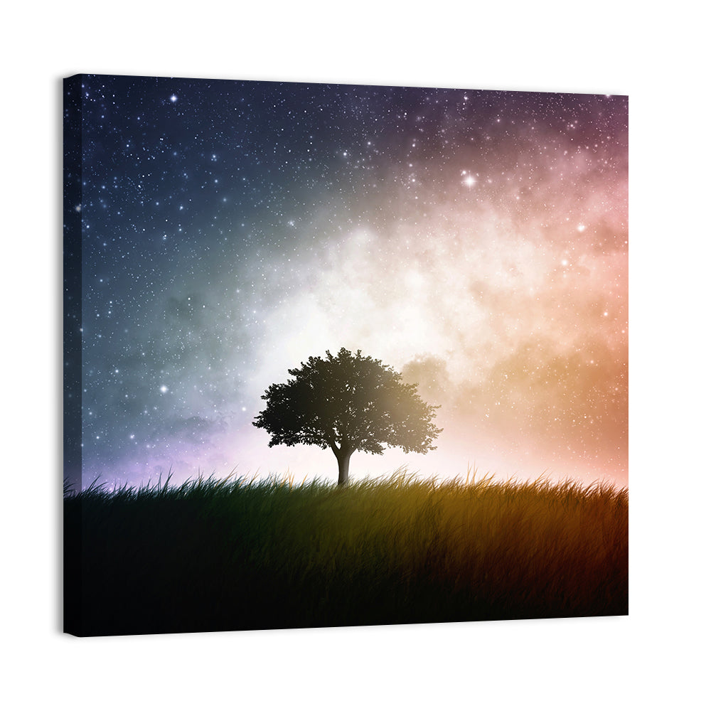 Tree Silhouette Under Nebula Sky Wall Art