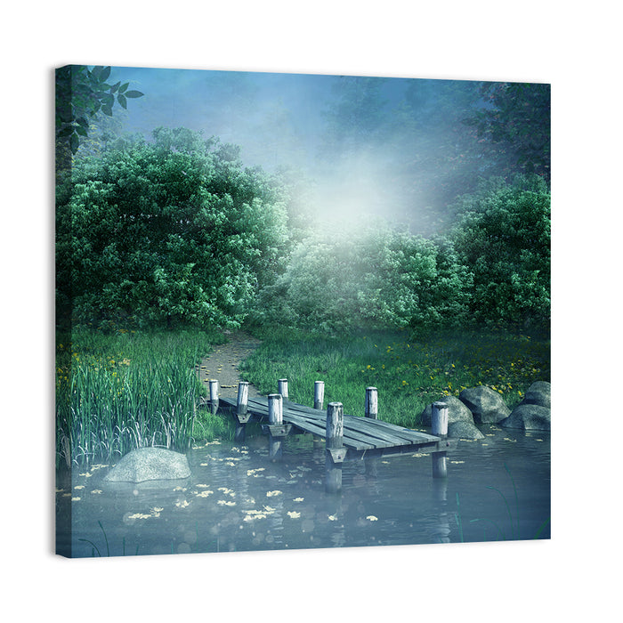 Misty Forest Lake with Wooden Bridge Wall Art as a canvas print