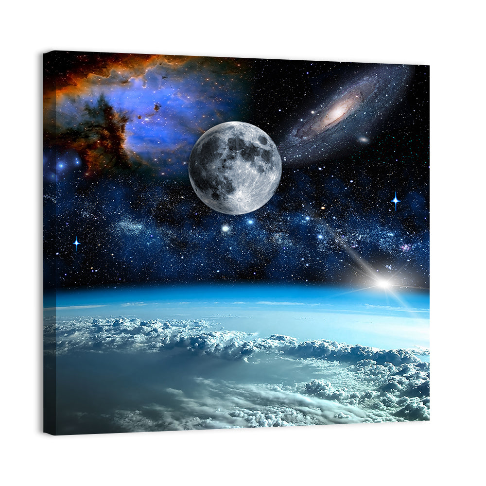 Earth and Moon Over Clouds Wall Art