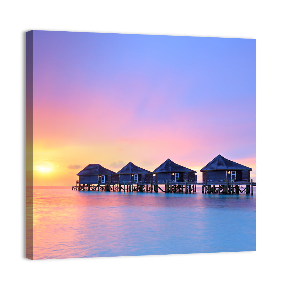 Maldives Sunset Over Water Bungalows Wall Art