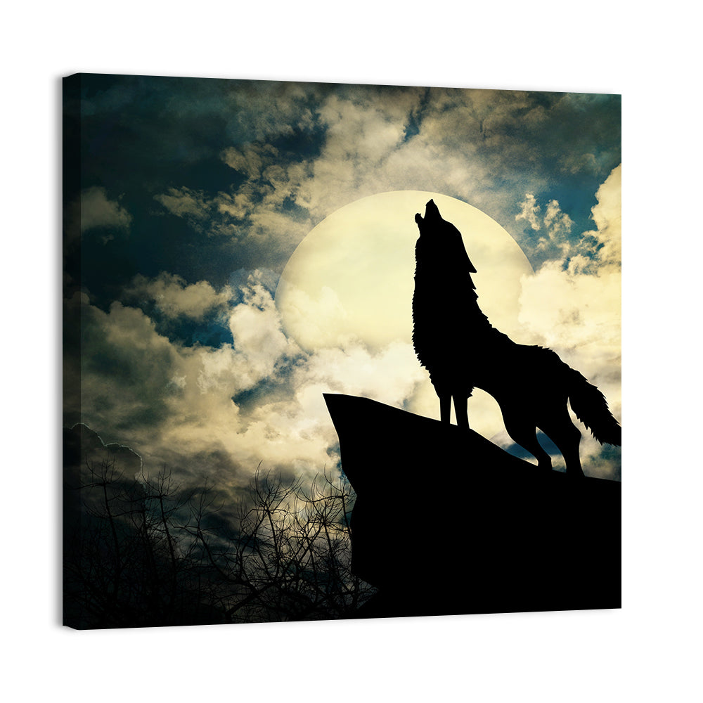 Howling Wolf Silhouette Against Full Moon Wall Art