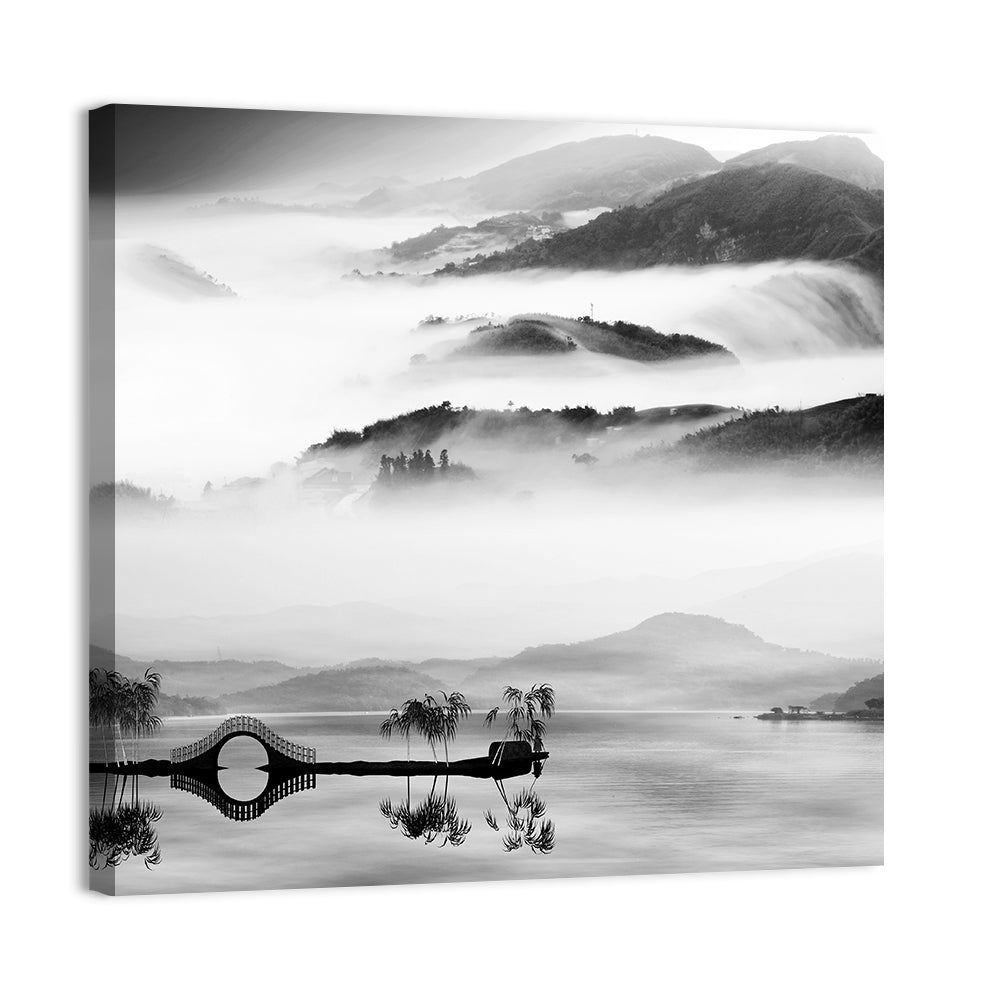 Misty Chinese Lake with Bridge Wall Art