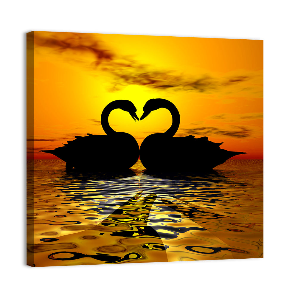 Swans Forming Heart at Sunset Wall Art