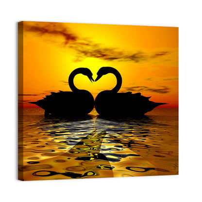 Swans Forming Heart at Sunset Wall Art