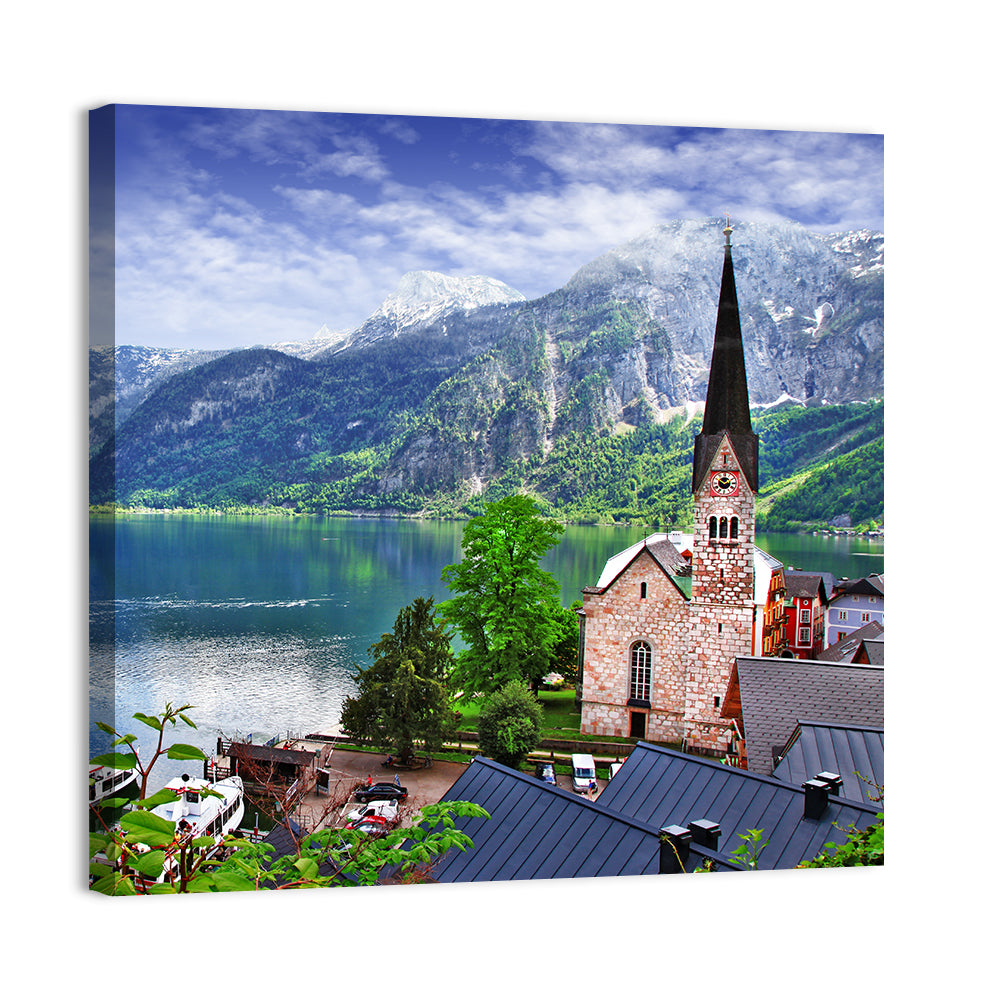 Hallstatt Lake View with Church Tower Wall Art