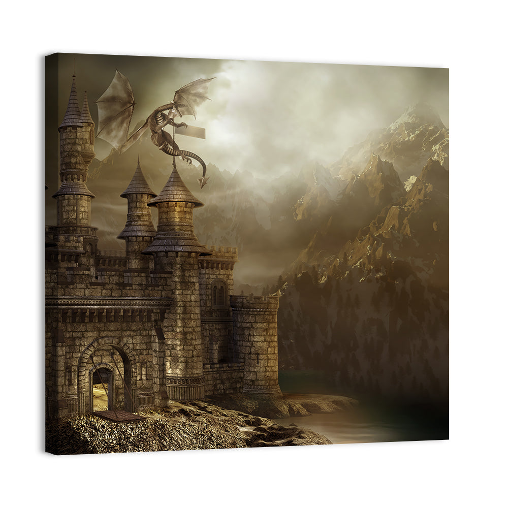 Dragon Perched on Castle Wall Art, canvas print, square