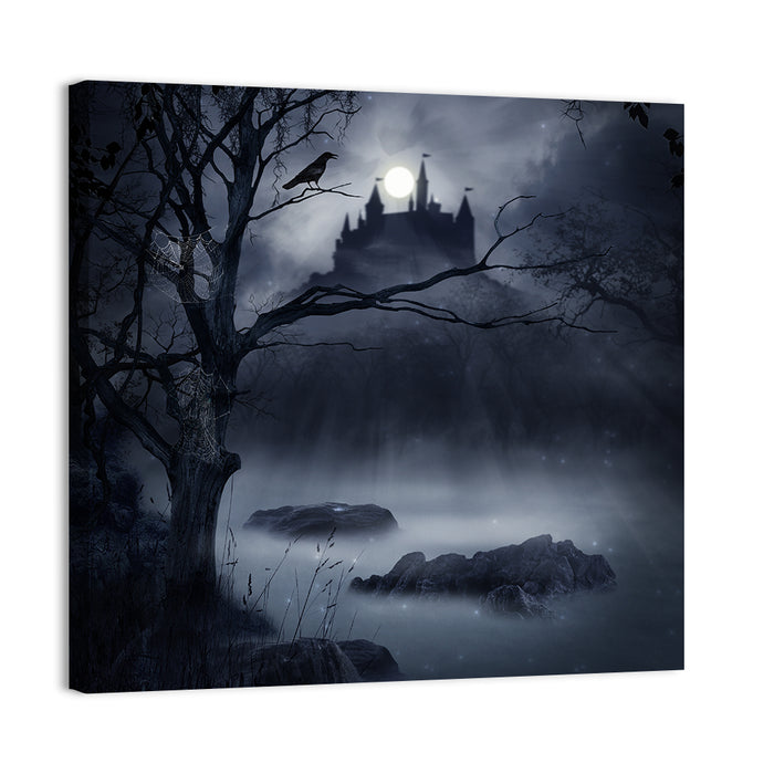 Moonlit Castle Over a Swamp Wall Art as a canvas print
