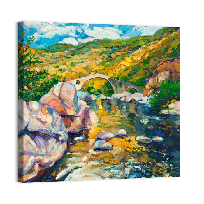 Arched Stone Bridge in Mountain River Wall Art as a canvas print