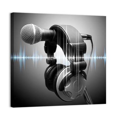 Headphones on Microphone with Sound Waves Wall Art