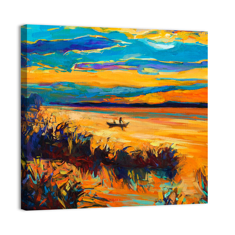 Sunset Boat on Lake Wall Art