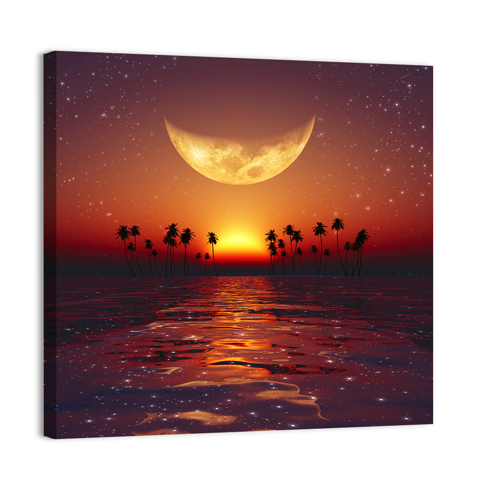 Golden Crescent Over Tropical Sunset Wall Art