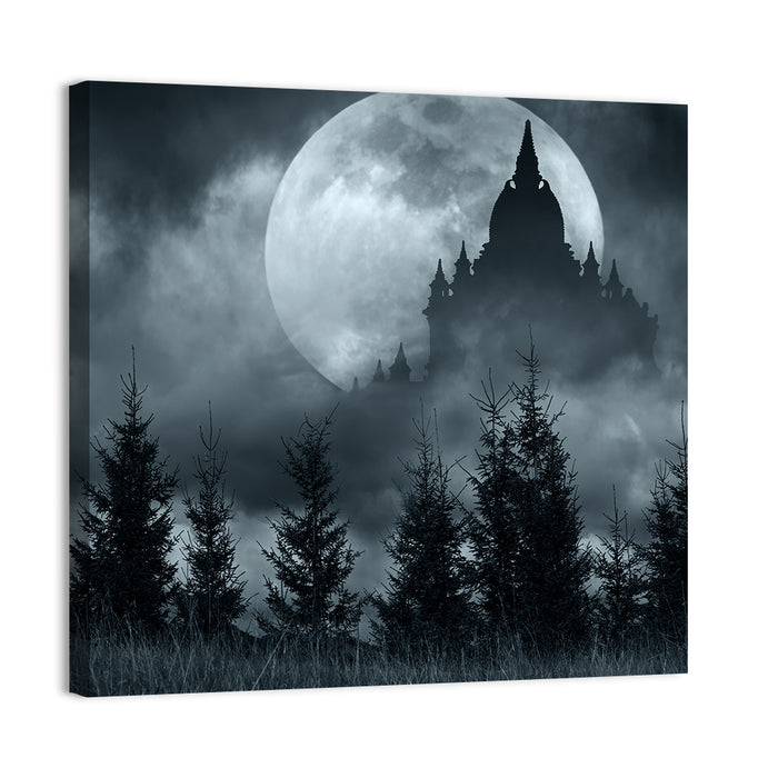 Moonlit Magic Castle Silhouette Wall Art as a canvas print