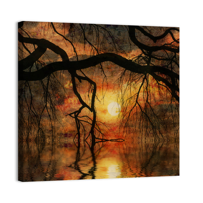 Lake Tree Silhouette at Golden Sunset Wall Art as a canvas print