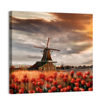 Dutch Windmill with Red Tulips Wall Art