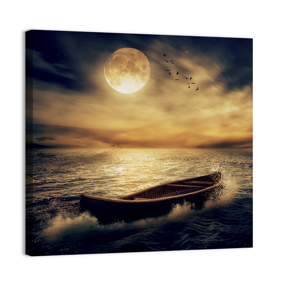 Moonlit Boat in Stormy Ocean Wall Art