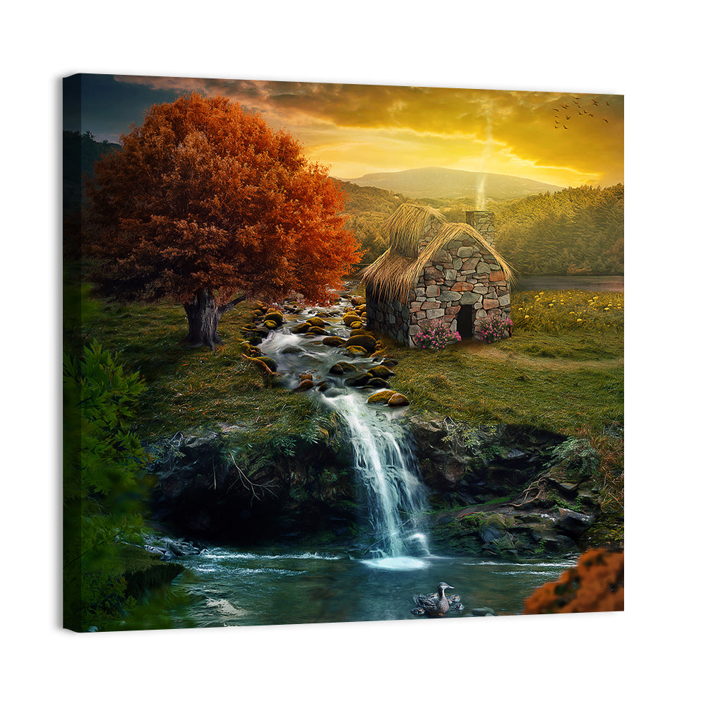 Cottage In Mountains Near Stream Wall Art