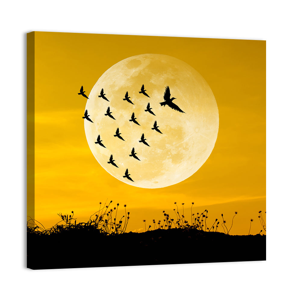 Moonlit Birds Over Wildflowers Wall Art