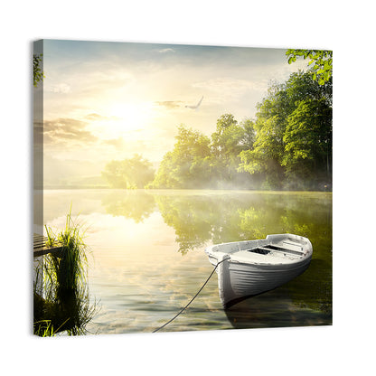 Rowboat at Misty Dock Wall Art