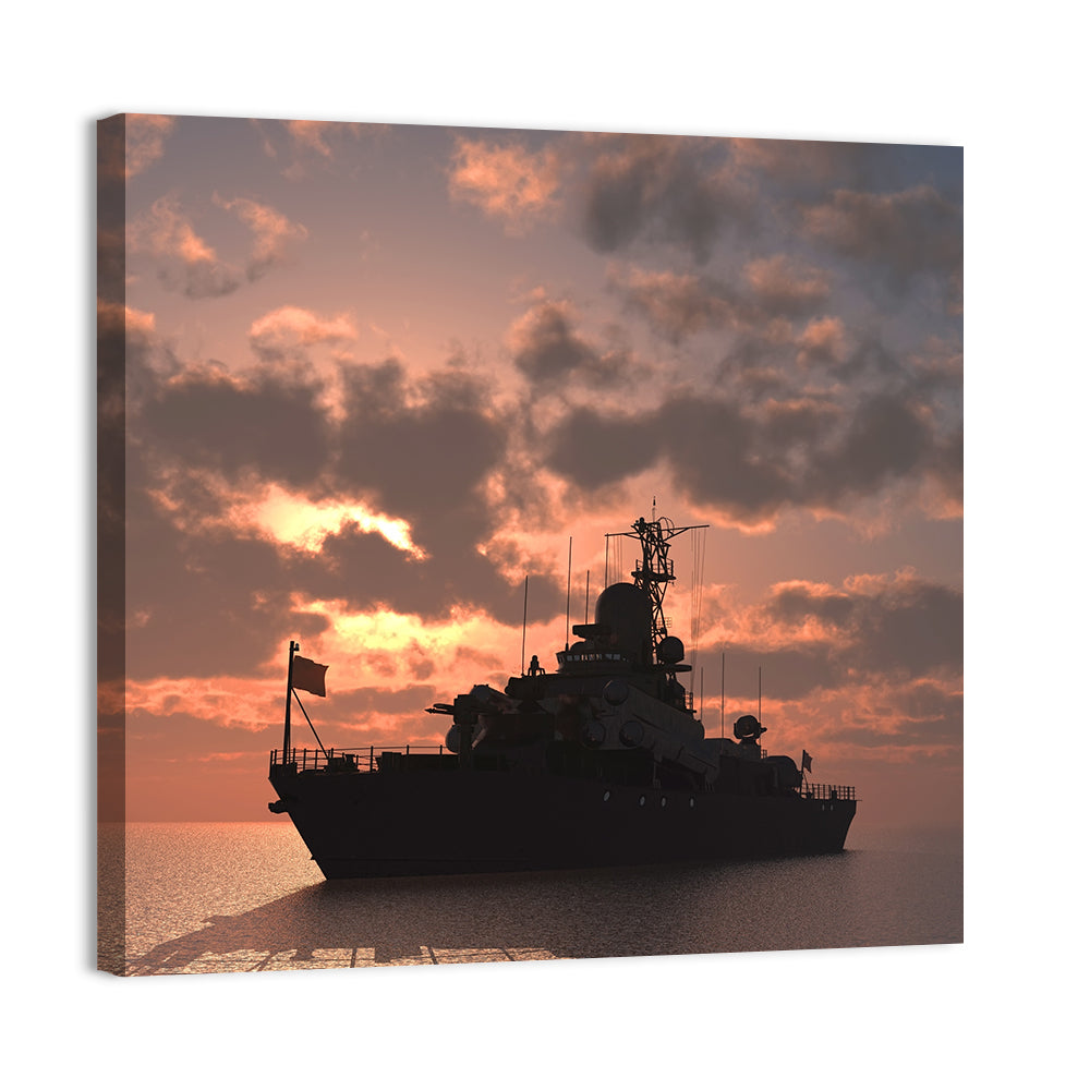 Warship Silhouette at Sunset Wall Art