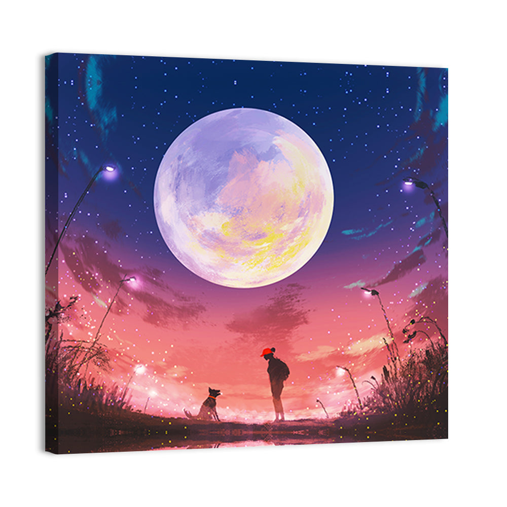 Woman and Dog Beneath Oversized Moon Wall Art