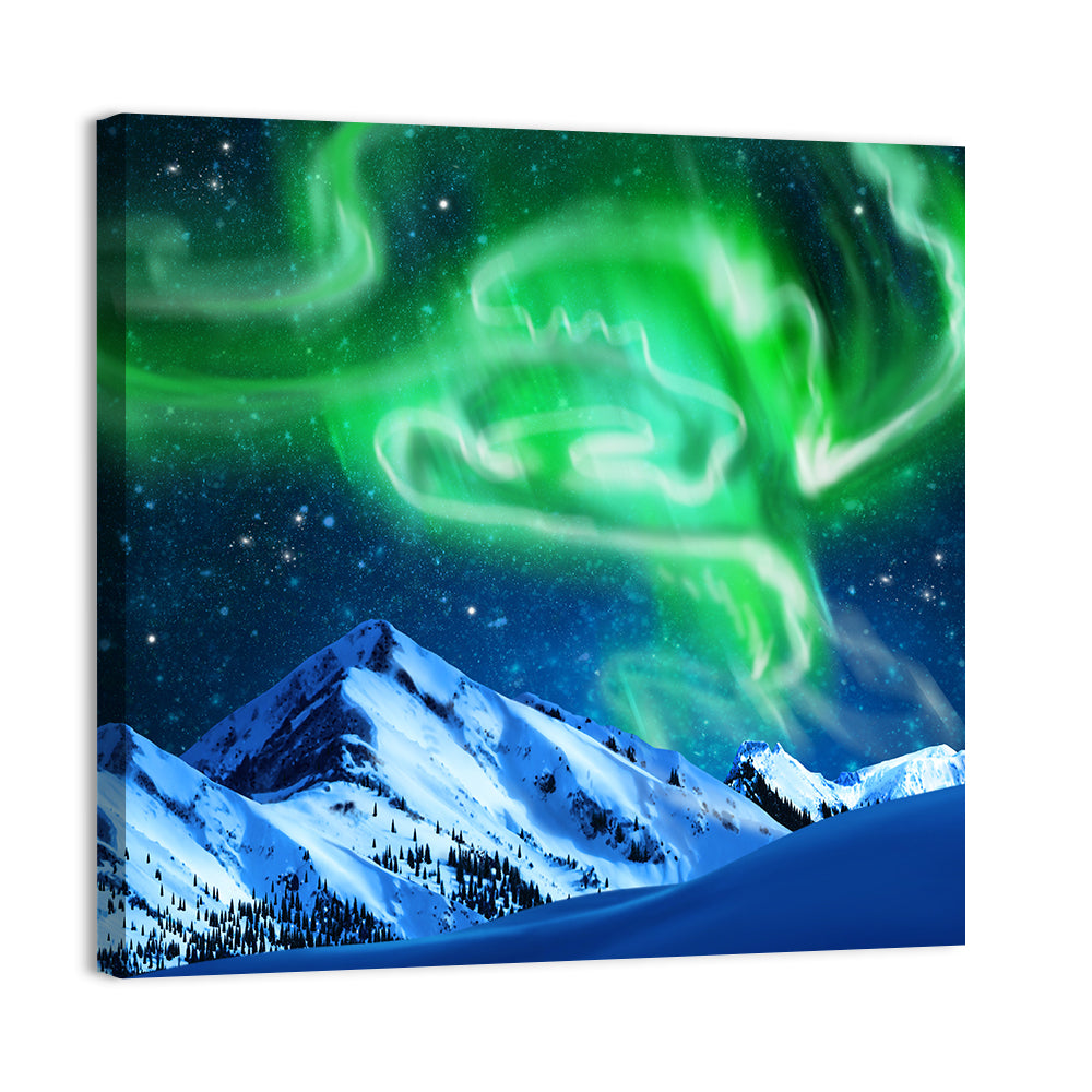 Glowing Aurora Over Snow Capped Mountains Wall Art