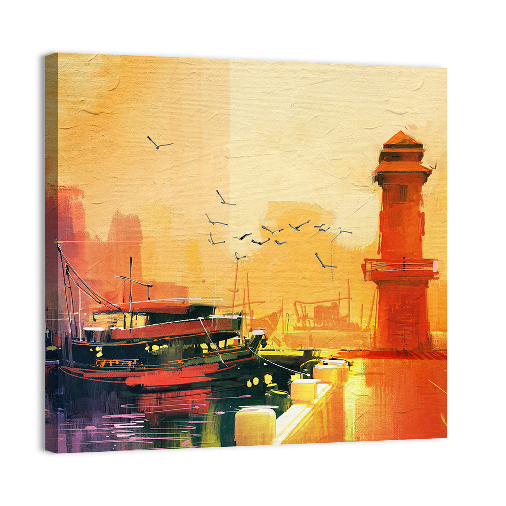 Golden Harbor Lighthouse and Fishing Boat Wall Art
