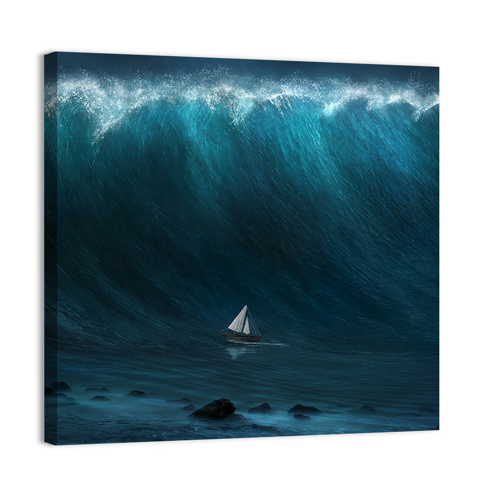 Small Boat Against Large Wave Wall Art