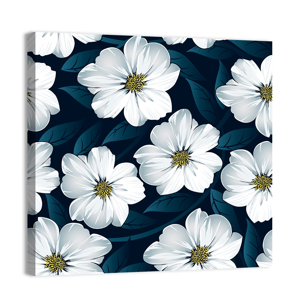 White Flowers on Navy Pattern Wall Art