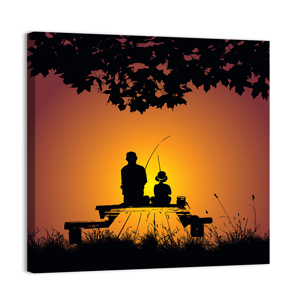 Dockside Sunset Fishing Silhouette Wall Art