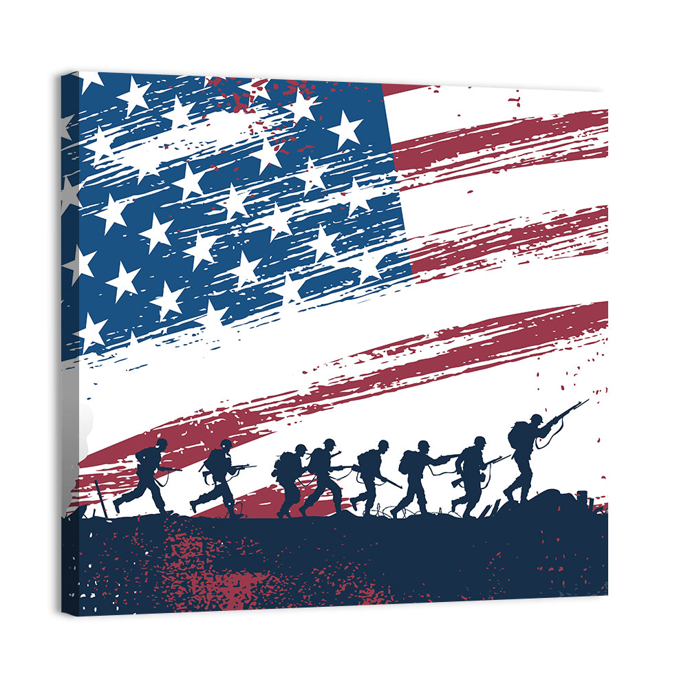 Silhouetted Soldiers with Distressed American Flag Wall Art