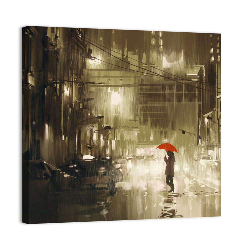Red Umbrella on Rainy City Street Wall Art