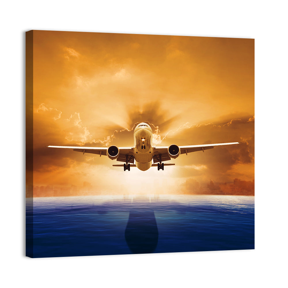 Landing Jet Over Ocean at Sunset Wall Art