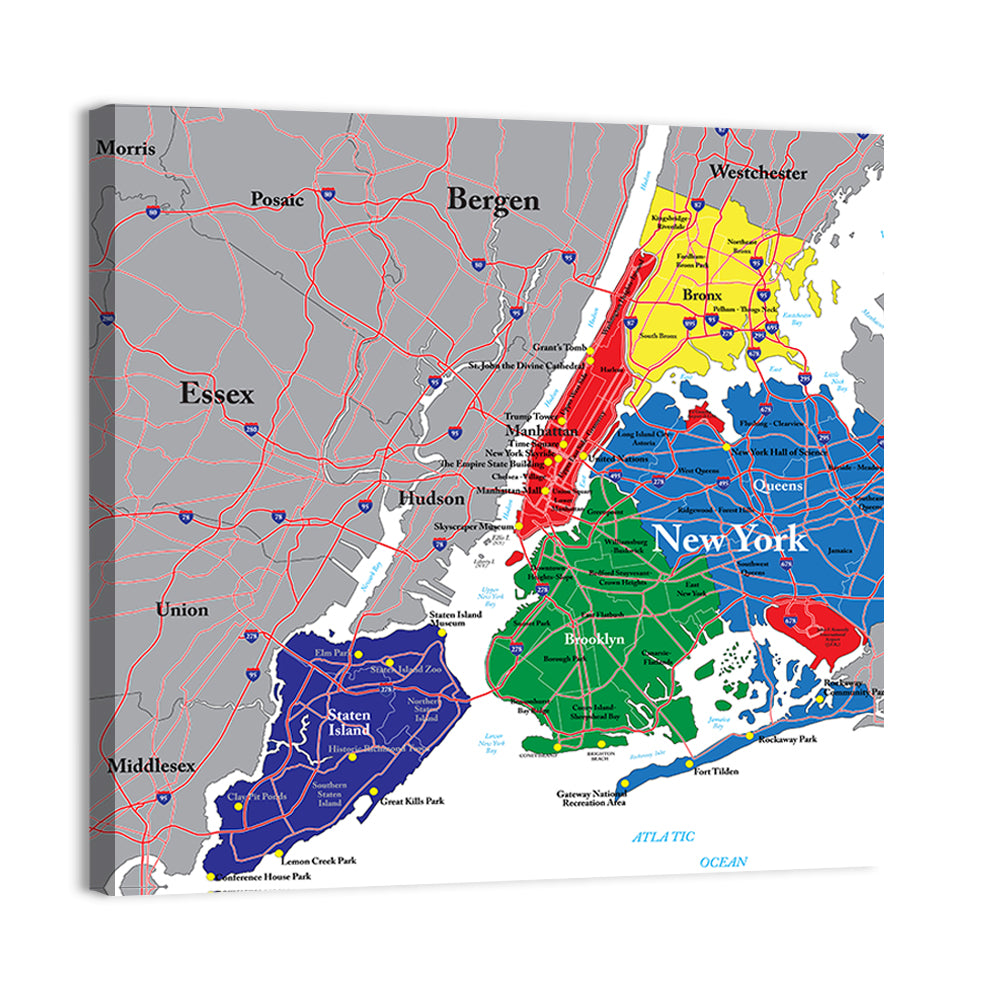 Color-coded New York City Map Wall Art, canvas print, square