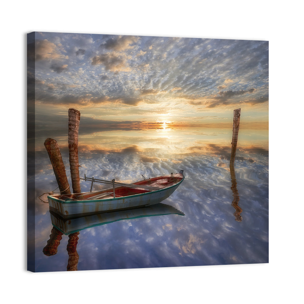 Lonely Boat at Sunset Wall Art, canvas print, square