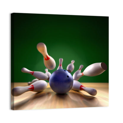 Blue Bowling Ball Hitting Pins Wall Art