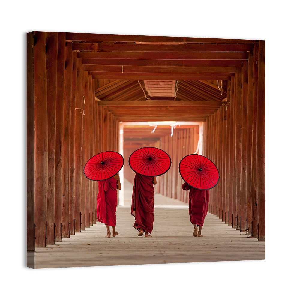 Novice Monks with Red Umbrellas Wall Art