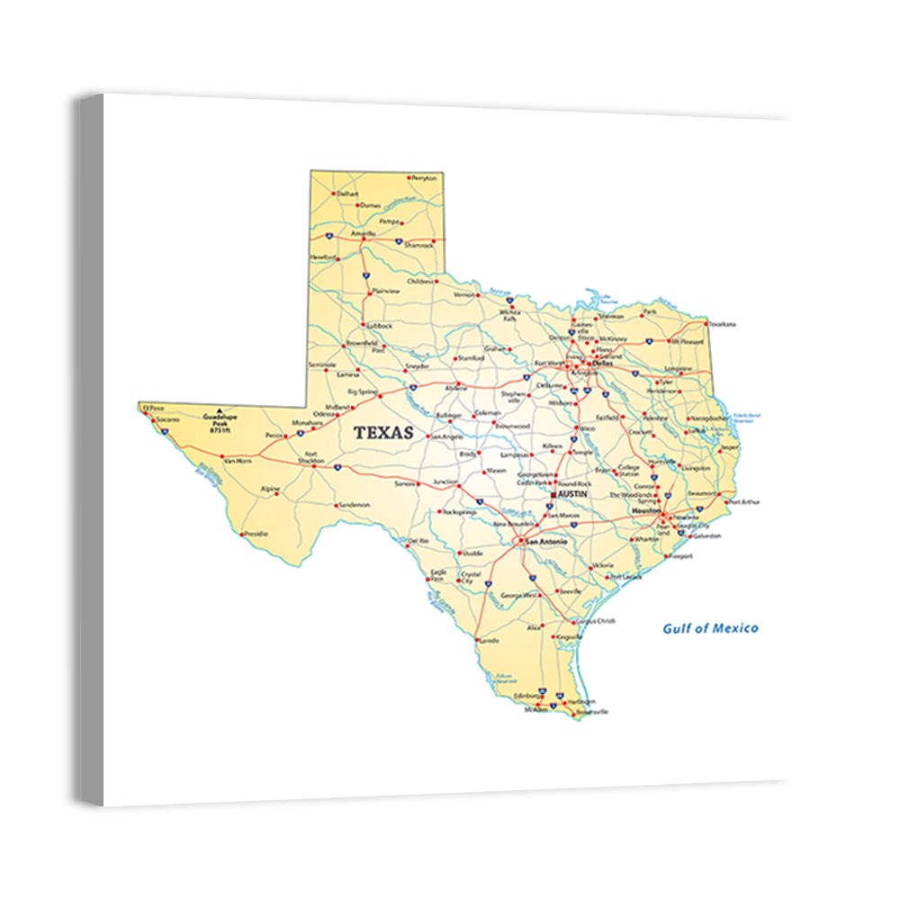 Texas Road Map Illustration Wall Art