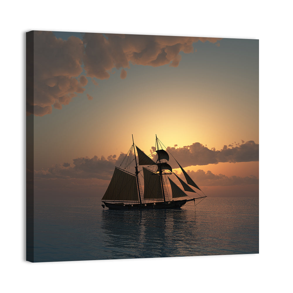 Schooner Silhouette at Sunset Wall Art