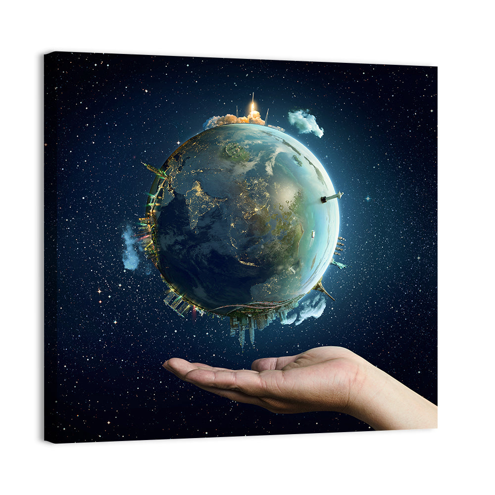 Earth Cradled in Palm with City Lights Wall Art