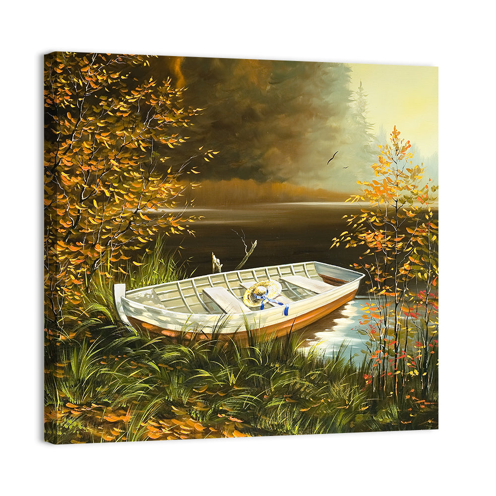 Boat with Straw Hat on Lake Bank Wall Art