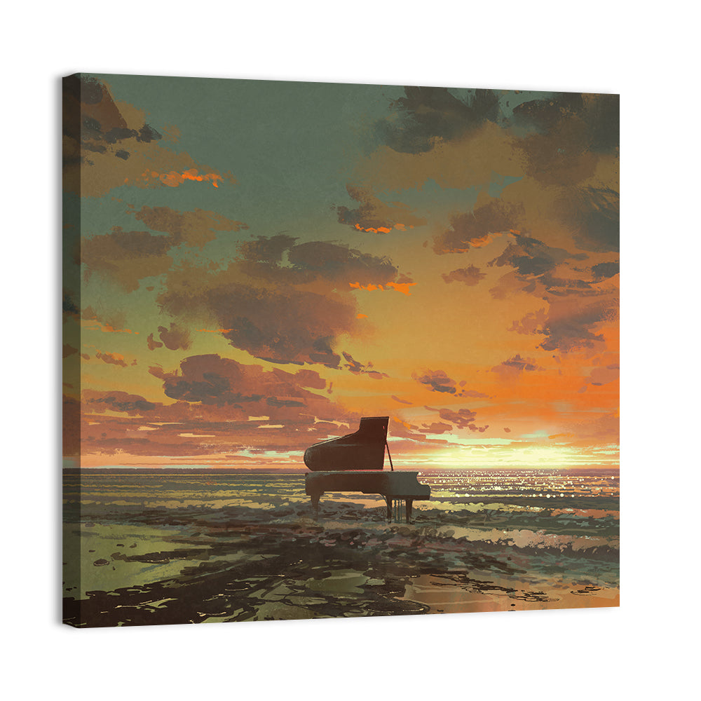 Piano on the Beach at Sunset Wall Art
