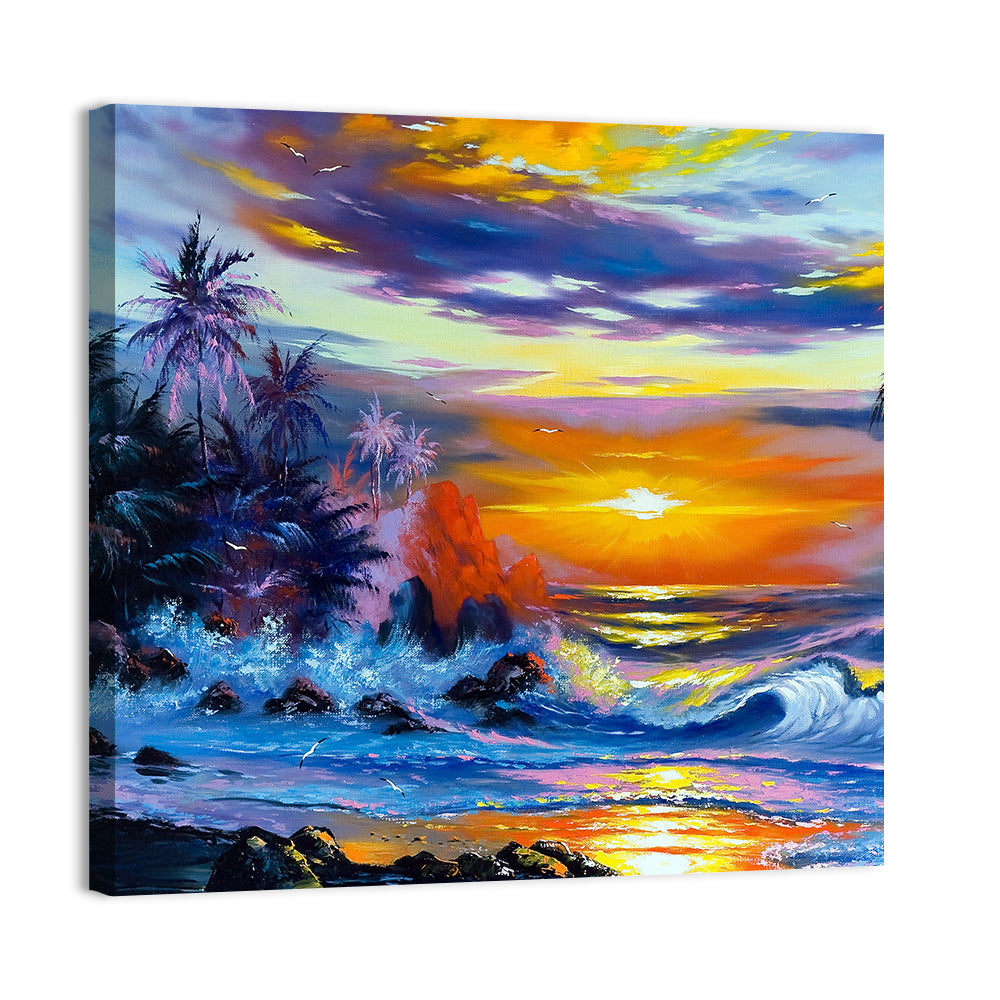 Evening Coastal Sunset with Palm Silhouettes Wall Art