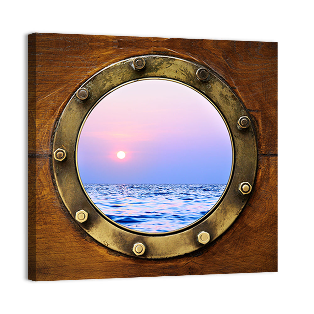 Brass Porthole with Sunset Horizon Wall Art
