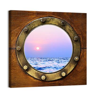 Brass Porthole with Sunset Horizon Wall Art