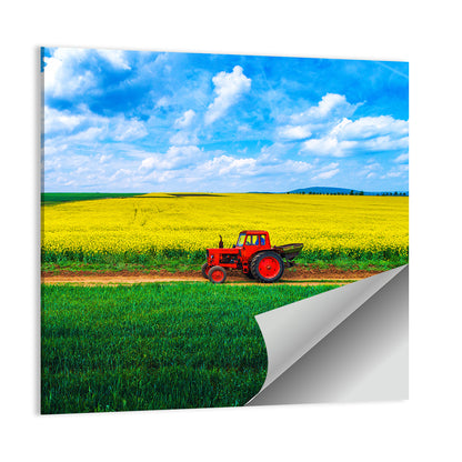 Red Tractor Over Yellow Rapeseed Field Wall Art